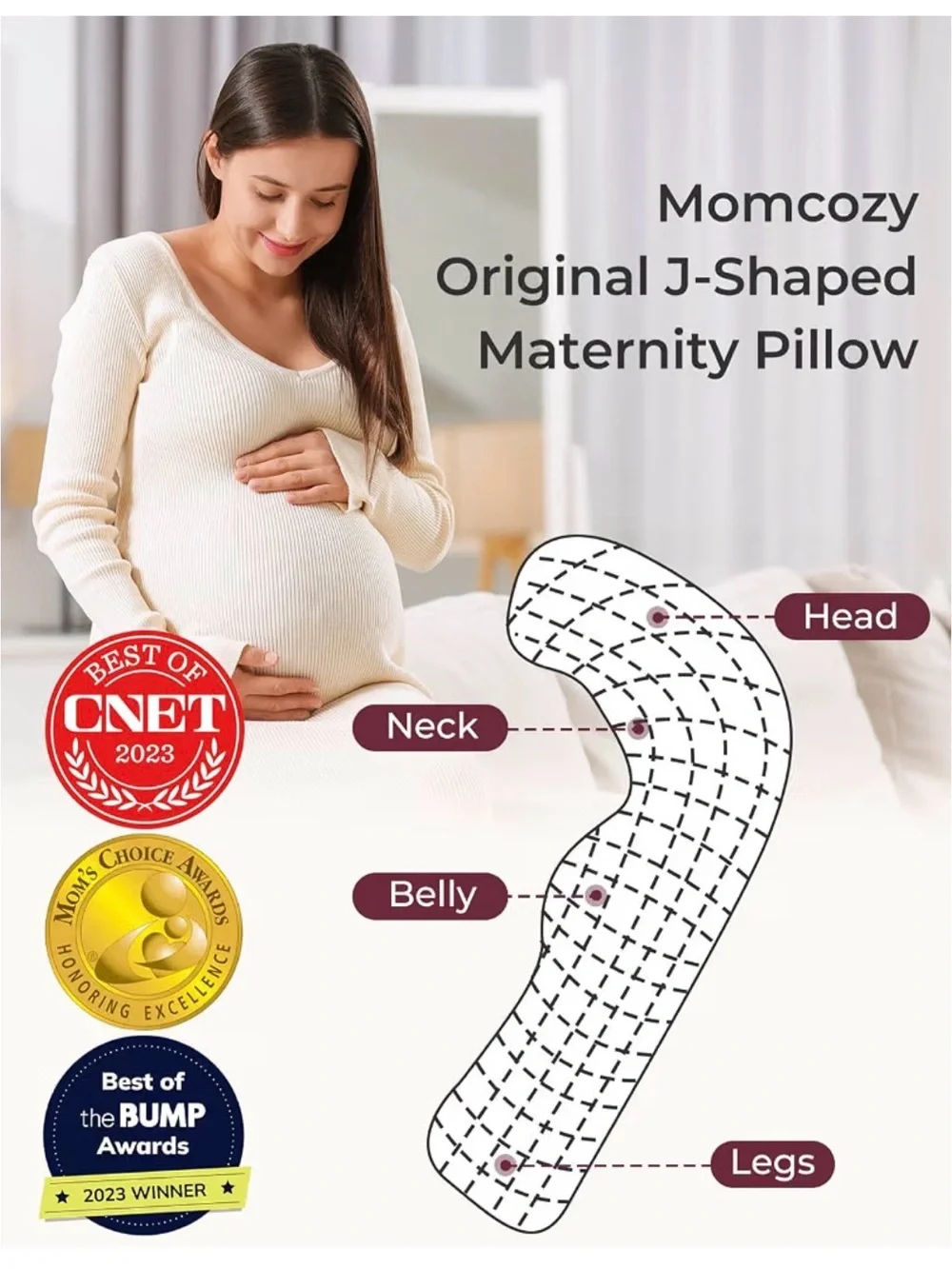 NWT - Momcozy J Shaped Pregnancy Pillow, Maternity Body Pillow for Side Sleepers
